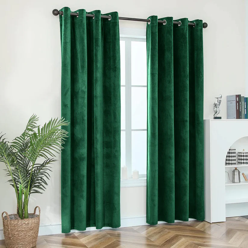 Green Plain Velvet Curtains(Two panels)